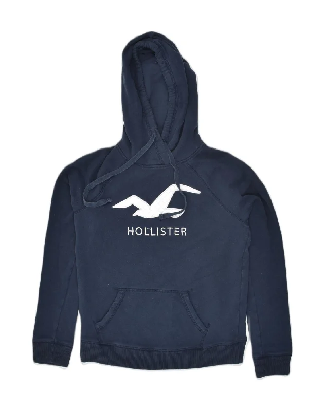 HOLLISTER Womens Graphic Hoodie Jumper UK 10 Small Navy Blue Cotton Hoodie with Batwing Sleeves Loose Dramatic