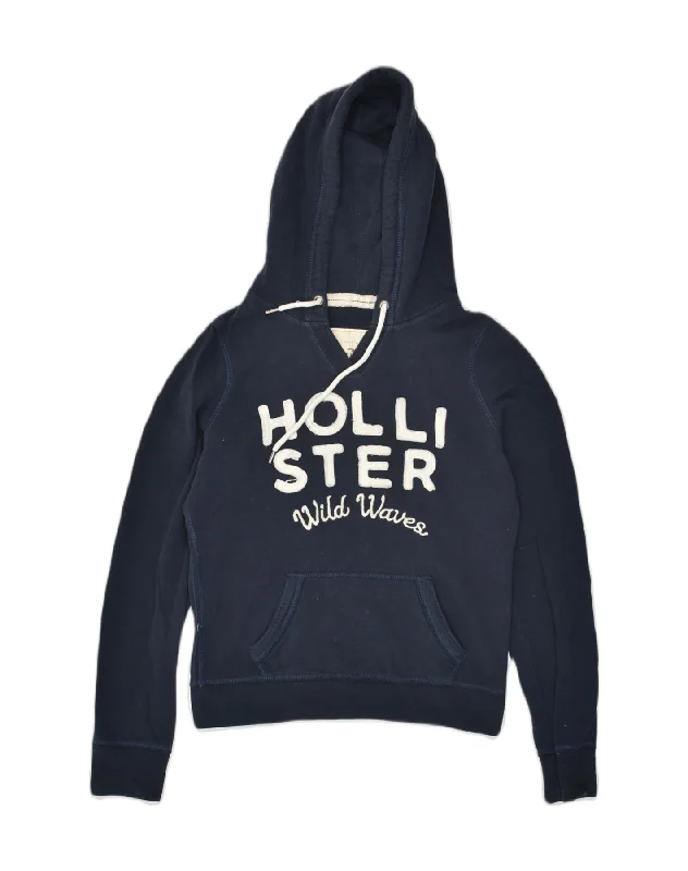 HOLLISTER Womens Graphic Hoodie Jumper UK 14 Medium Navy Blue Cotton Hoodie with Reflective Safety Nightwear