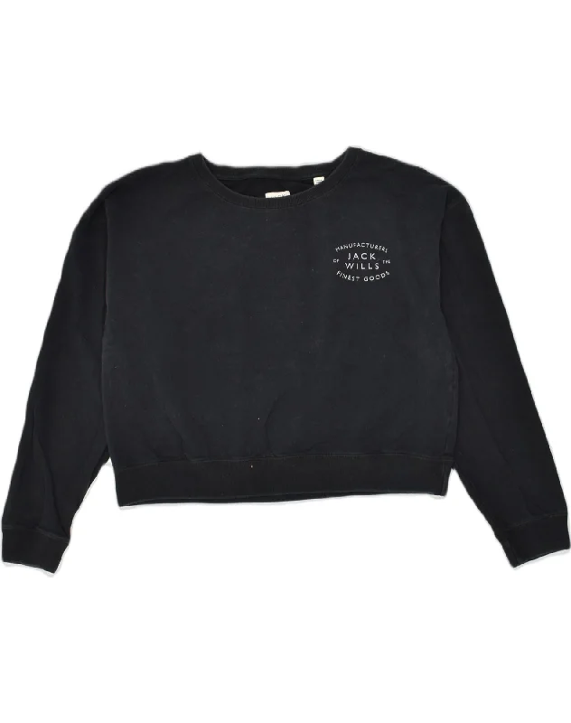 JACK WILLS Womens Crop Sweatshirt Jumper UK 12 Medium  Black Cotton Hoodie Sweatshirt Pullover