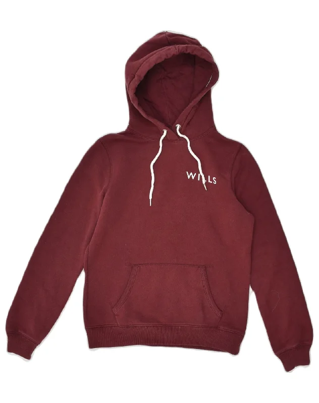 JACK WILLS Womens Graphic Hoodie Jumper UK 10 Small  Burgundy Cotton Hoodie with Tied Waist Feminine Flattering