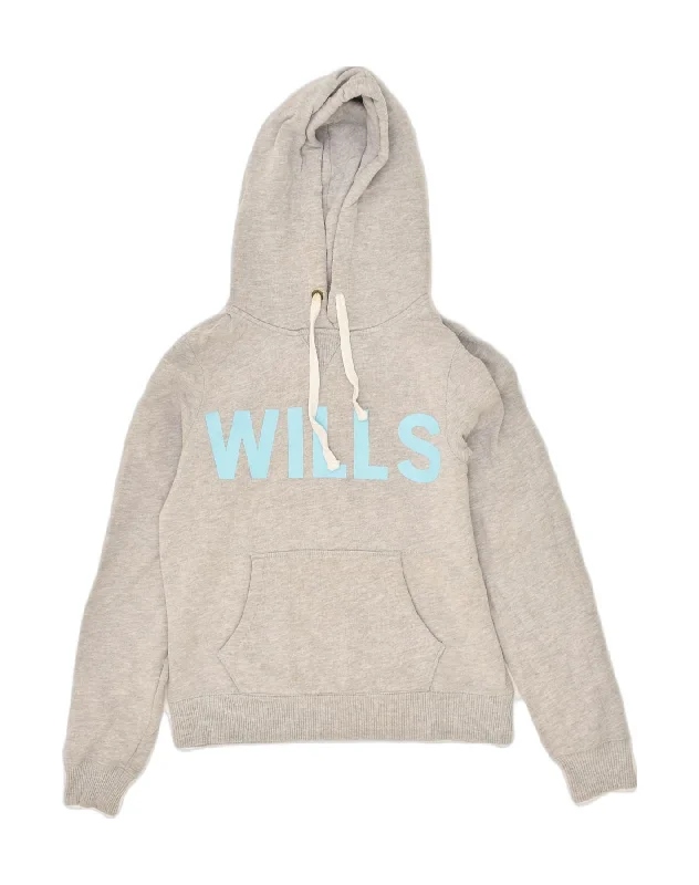 JACK WILLS Womens Graphic Hoodie Jumper UK 10 Small Grey Cotton Hoodie with Puffed Sleeves Voluminous Trendy