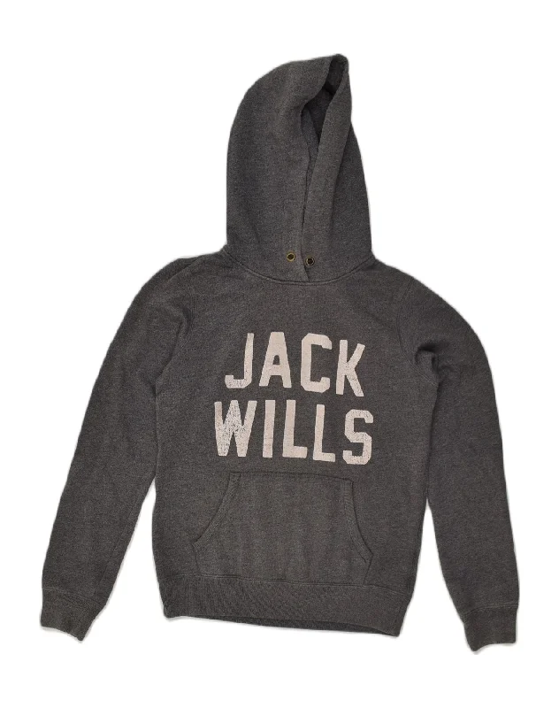 JACK WILLS Womens Graphic Hoodie Jumper UK 10 Small Grey Cotton Hoodie Sweatshirt Pullover