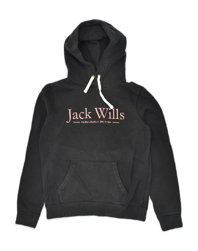 JACK WILLS Womens Graphic Hoodie Jumper UK 12 Medium  Black Cotton Cotton Hoodie Fleece Lining Warmth