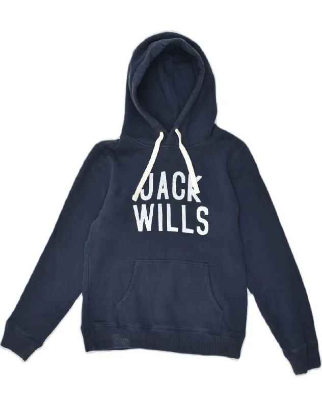 JACK WILLS Womens Graphic Hoodie Jumper UK 12 Medium  Navy Blue Cotton Hoodie with Front Slit Layering Stylish