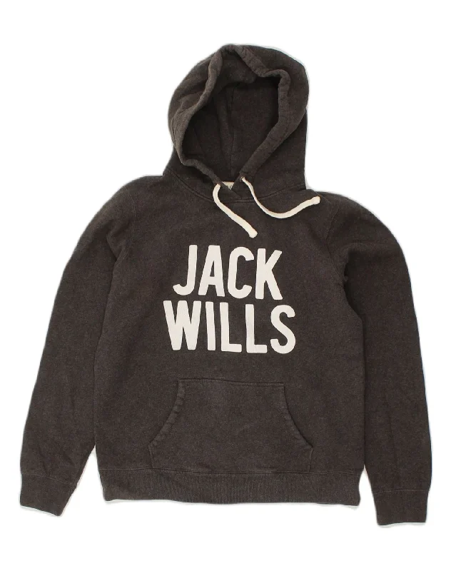 JACK WILLS Womens Graphic Hoodie Jumper UK 14 Medium Grey Cotton Hoodie with Hidden Zipper Minimalist Clean