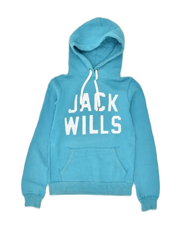 JACK WILLS Womens Graphic Hoodie Jumper UK 6 XS Blue Cotton Hoodie with Oversized Fit Loose Comfortable