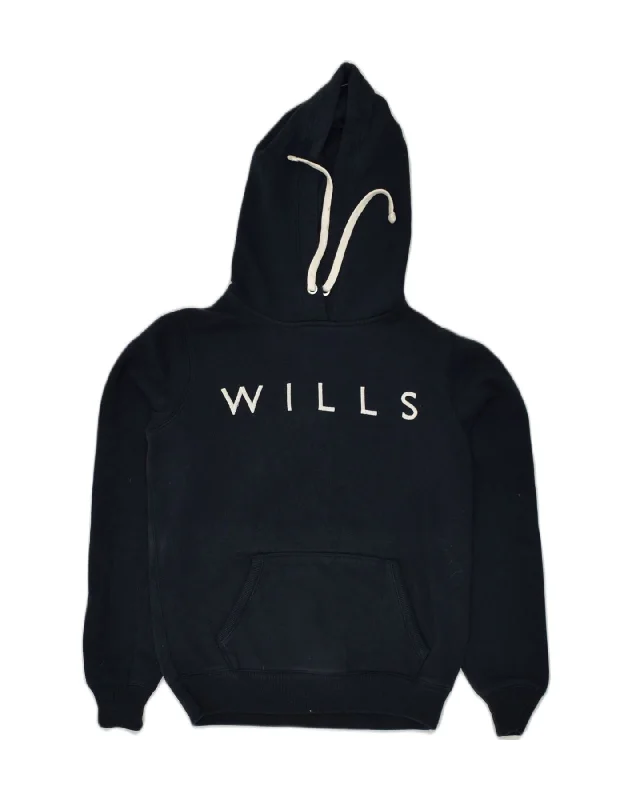 JACK WILLS Womens Graphic Hoodie Jumper UK 8 Small Navy Blue Cotton Hoodie with Hem Fringe Bohemian Relaxed