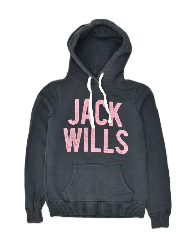 JACK WILLS Womens Graphic Hoodie Jumper UK 8 Small  Navy Blue Cotton Hoodie with Raw Hem Edgy Unfinished