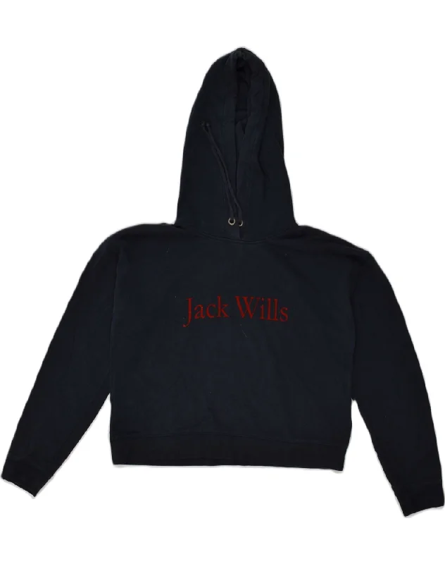 JACK WILLS Womens Hoodie Jumper UK 12 Medium Navy Blue Cotton Graphic Hoodie Design Print