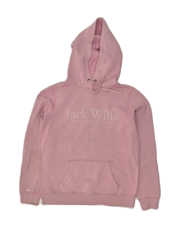 JACK WILLS Womens Hoodie Jumper UK 14 Large Pink Cotton Hoodie with Hem Embroidery Detailed Premium