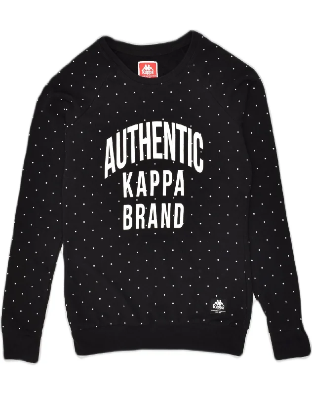 KAPPA Womens Graphic Sweatshirt Jumper UK 6 XS Black Spotted Cotton Hoodie with Hem Raw Edge Edgy Unfinished