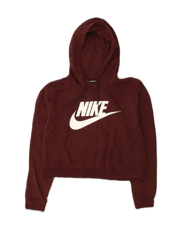 NIKE Womens Crop Graphic Hoodie Jumper UK 14 Large Brown Cotton Hoodie with Illustration Artistic Creative