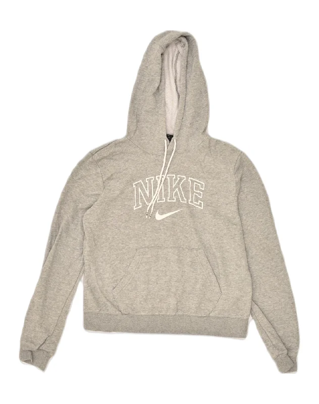 NIKE Womens Graphic Hoodie Jumper UK 14 Medium Grey Cotton Hoodie with Set-In Sleeves Structured Classic