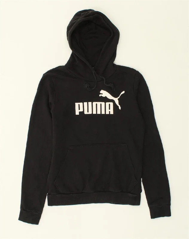 PUMA Womens Graphic Hoodie Jumper UK 10 Small Black Cotton Hoodie with Gradient Ombre Colorful