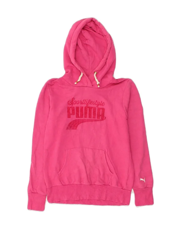 PUMA Womens Graphic Hoodie Jumper UK 12 Medium Pink Hoodie with Sequins Glamorous Eye-catching