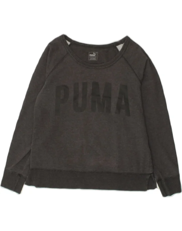 PUMA Womens Graphic Sweatshirt Jumper UK 14 Large  Grey Cotton Hoodie with V-Neck Classic Versatile