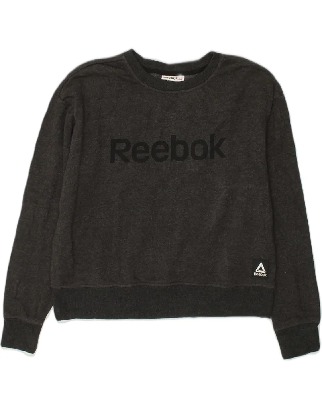 REEBOK Womens Graphic Sweatshirt Jumper UK 10 Small Grey Cotton Hoodie with Full-Zip Functional Layering