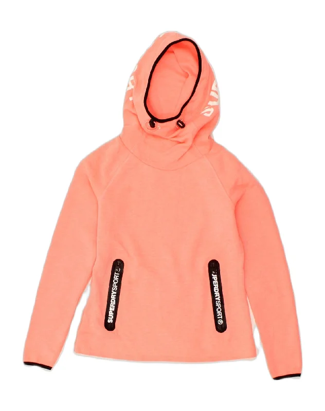 SUPERDRY Womens Graphic Hoodie Jumper UK 10 Small Orange Polyester Hoodie with Turtle Neck Cozy Winter