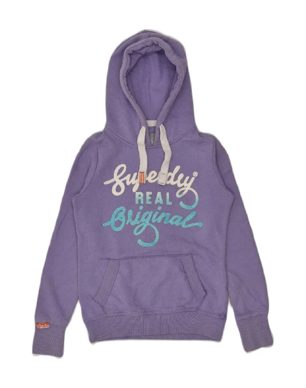 SUPERDRY Womens Graphic Hoodie Jumper UK 10 Small Purple Cotton Hoodie with Reflective Safety Nightwear