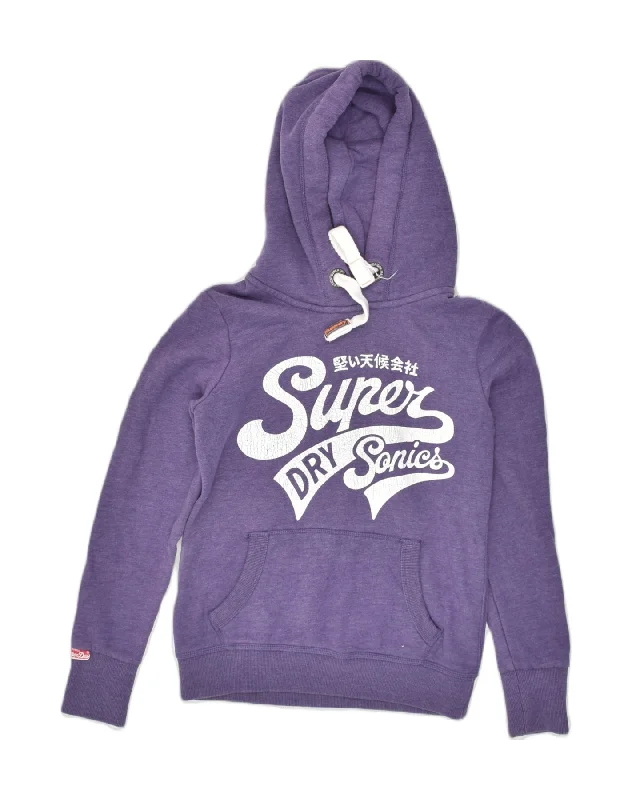 SUPERDRY Womens Graphic Hoodie Jumper UK 10 Small Purple Cotton Hoodie with Pocket Utility Practical