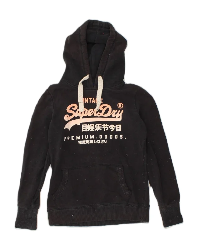 SUPERDRY Womens Graphic Hoodie Jumper UK 14 Medium Black Flecked Cotton Hoodie with Crew Neck Simple Timeless