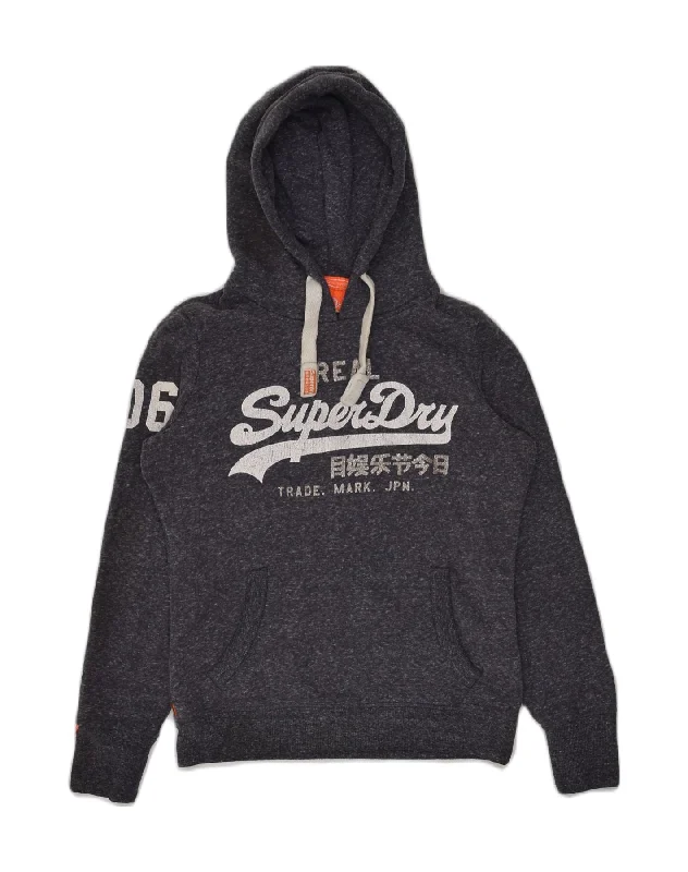 SUPERDRY Womens Graphic Hoodie Jumper UK 14 Medium Navy Blue Polyester Hoodie with Rhinestones Sparkly Elegant