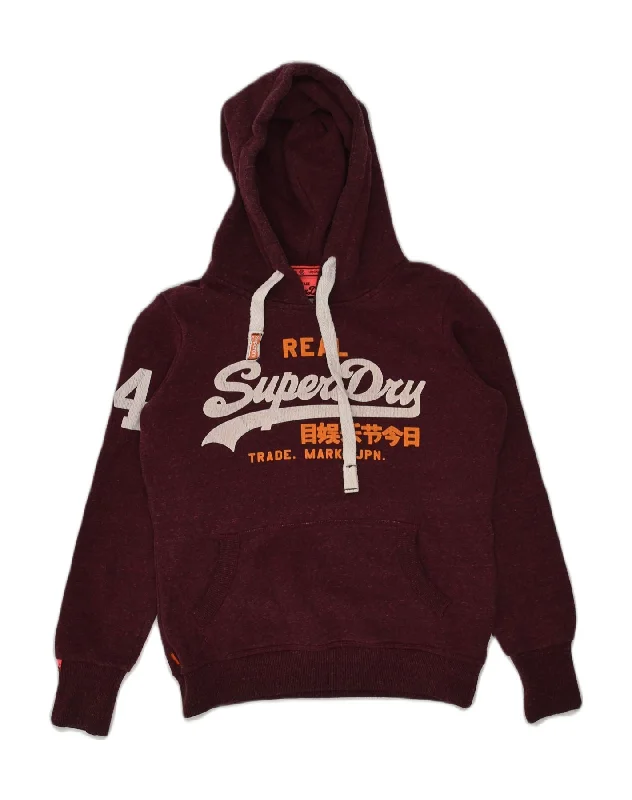 SUPERDRY Womens Graphic Hoodie Jumper UK 6 XS Burgundy Polyester Hoodie with Contrast Stitching Detailed Premium