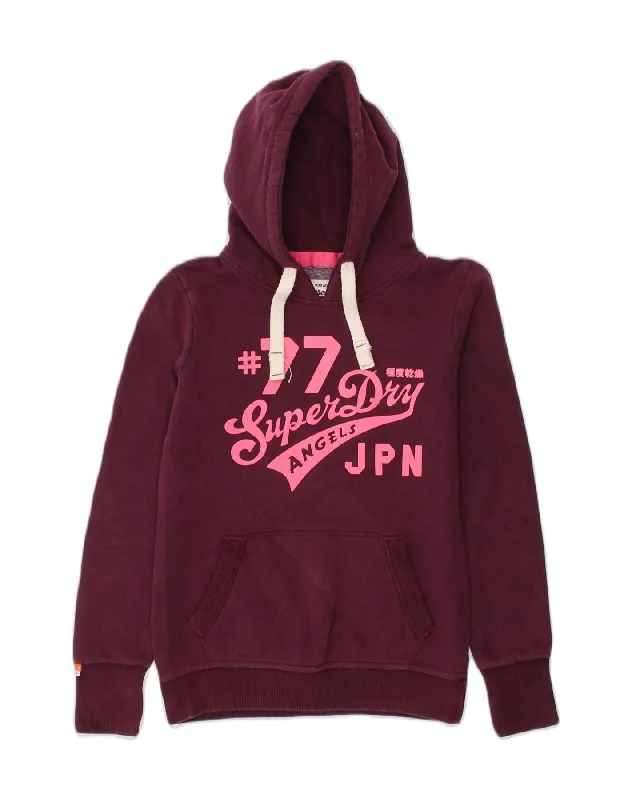 SUPERDRY Womens Graphic Hoodie Jumper UK 8 Small Maroon Cotton Hoodie with Stripes Bold Sporty