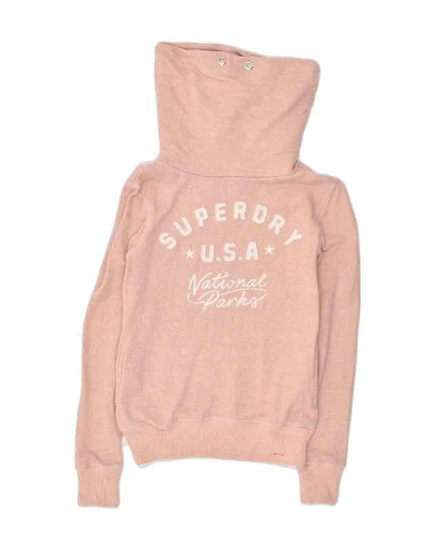 SUPERDRY Womens Graphic Roll Neck Sweatshirt Jumper UK 14 Medium Beige Hoodie with Relaxed Fit Easy Casual