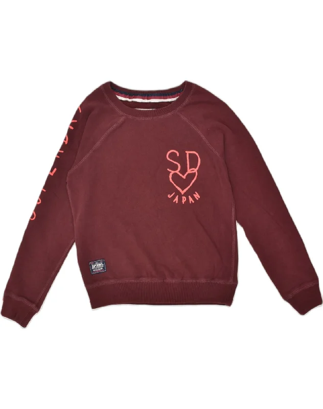 SUPERDRY Womens Graphic Sweatshirt Jumper UK 12 Medium Burgundy Cotton Hoodie with Typography Text Message