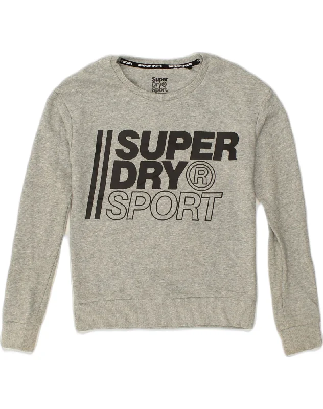 SUPERDRY Womens Graphic Sweatshirt Jumper UK 6 XS Grey Cotton Hoodie with Ribbed Neckline Snug Warm