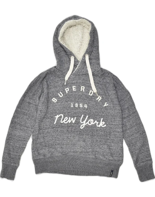 SUPERDRY Womens Oversized Graphic Hoodie Jumper UK 2 2XS Grey Cotton Hoodie with Hem Detail Decorative Unique