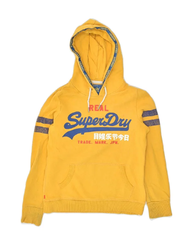 SUPERDRY Womens Real Graphic Hoodie Jumper UK 10 Small Yellow Cotton Hoodie with Hem Ribbing Snug Secure