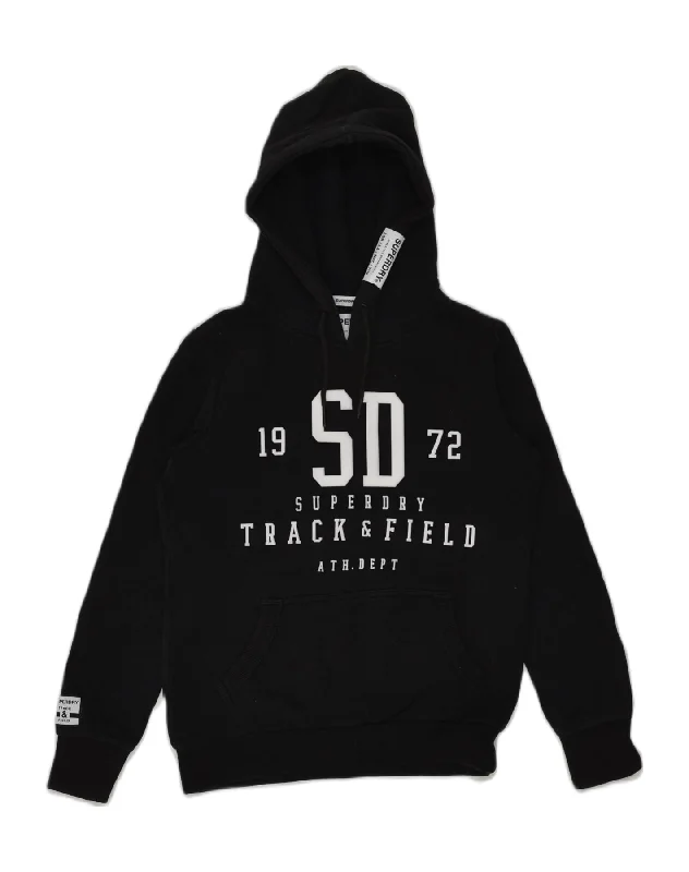 SUPERDRY Womens Track & Field Graphic Hoodie Jumper UK 10 Small Black Hoodie with Ribbed Hem Stretchable Secure