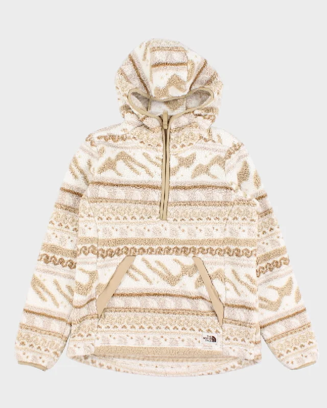 The North Face Beige & White Printed Hooded Fleece - XS Hoodie with Mock Neck Collared Structured