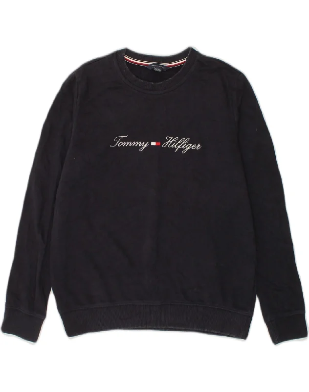 TOMMY HILFIGER Womens Graphic Sweatshirt Jumper UK 6 XS Navy Blue Cotton Hoodie with Longline Fit Extended Stylish