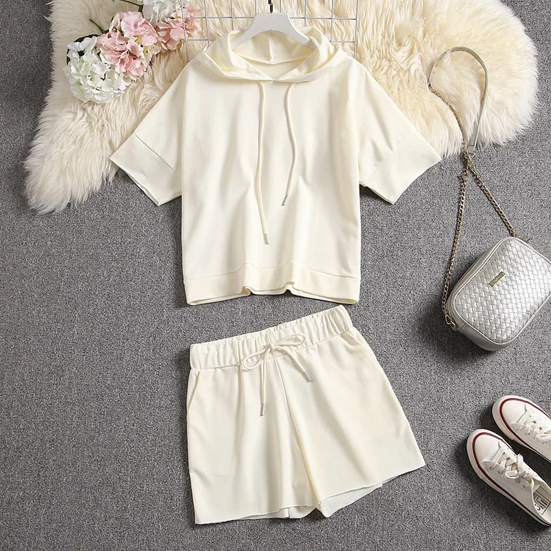 Hooded Sweatshirts + Shorts 2pcs Casual Suit Hoodie with Hem Lace Feminine Delicate