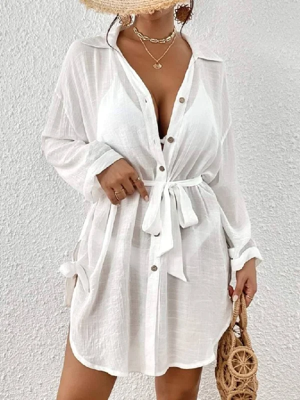 Belted Slit Side Button Up Swimsuit Cover-Up Sexy Two-Piece Set