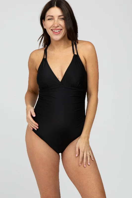 Black Ruched Side Strappy Cross Back Maternity One Piece Swimsuit Chic Bikini Set