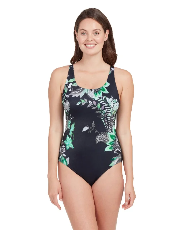 Botanica Adjustable Scoopback Swimsuit - Black/Green Tropical Print Bikini