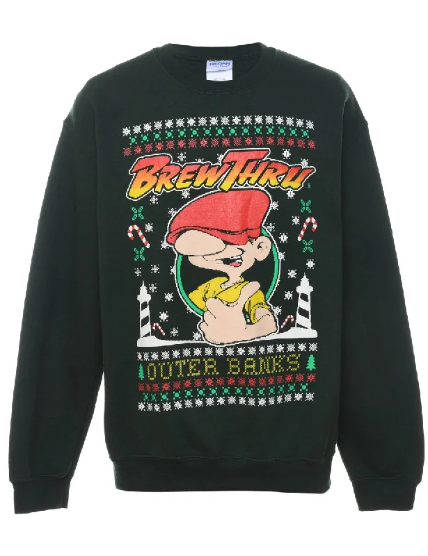 Brew Thru Multi-Colour Printed Christmas Sweatshirt - M Hooded Sweatshirt Casual Wear Street Style