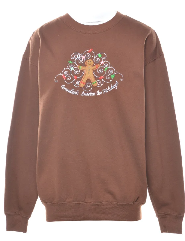 Brown Christmas Sweatshirt - L Hoodie with Embroidery Detailed Premium