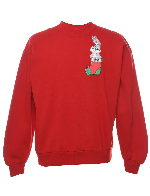 Bugs Bunny Christmas Sweatshirt - L Hoodie with Frayed Bohemian Relaxed