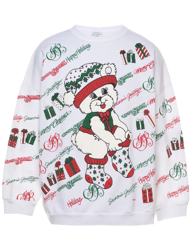 Cartoon Print Christmas Sweatshirt - L Hoodie with Button Placket Classic Preppy