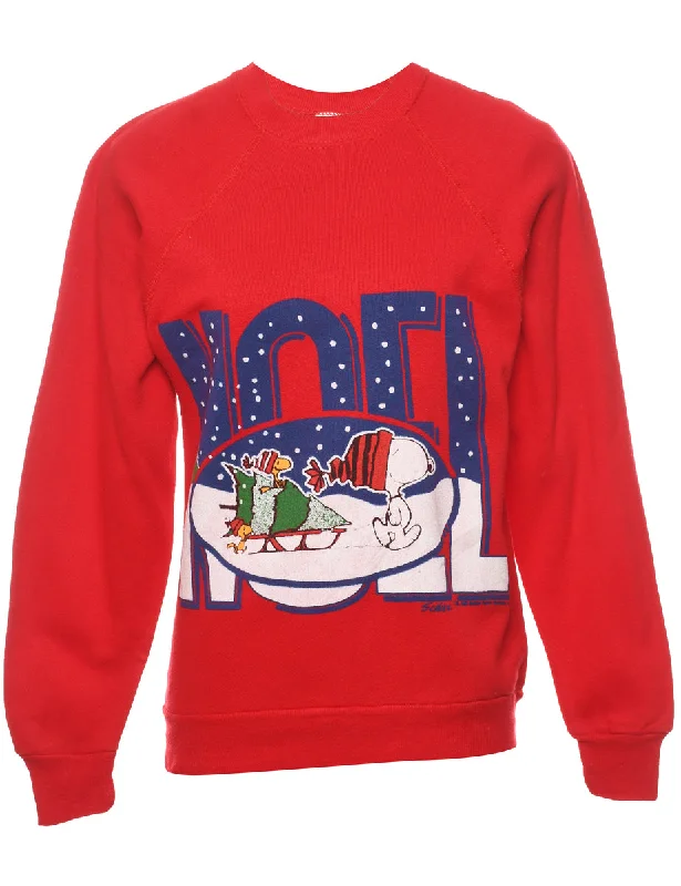 Cartoon Print Noel Christmas Sweatshirt - S Hoodie with Tied Waist Feminine Flattering