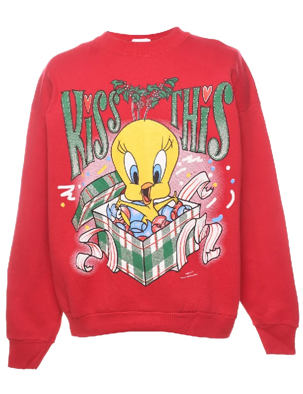 Cartoon Print Tweety Christmas Sweatshirt - XL Hoodie with Front Slit Layering Stylish