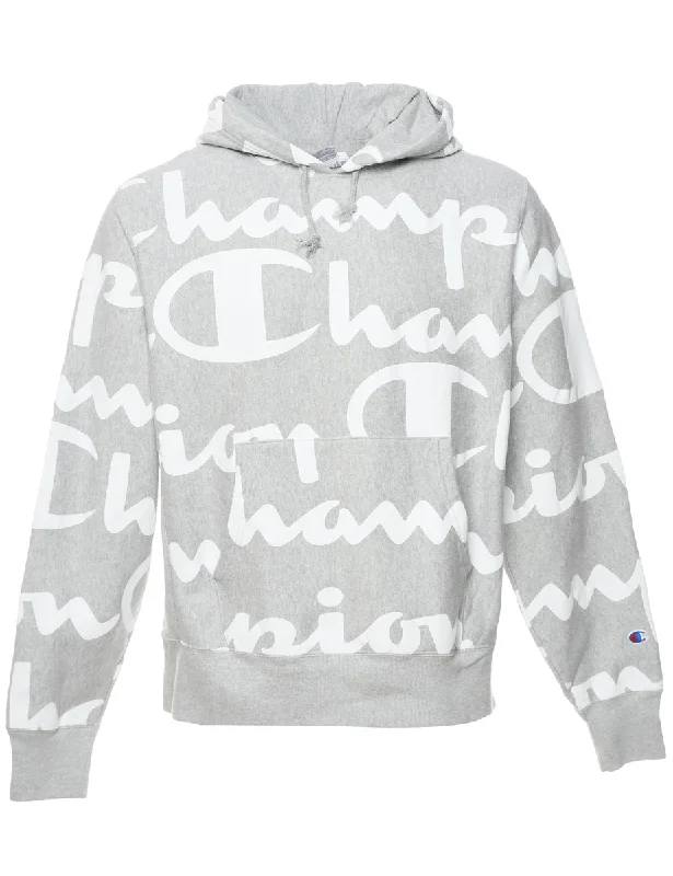 Champion Marl Grey & White Printed Hoodie - L Hoodie with Rhinestones Sparkly Elegant