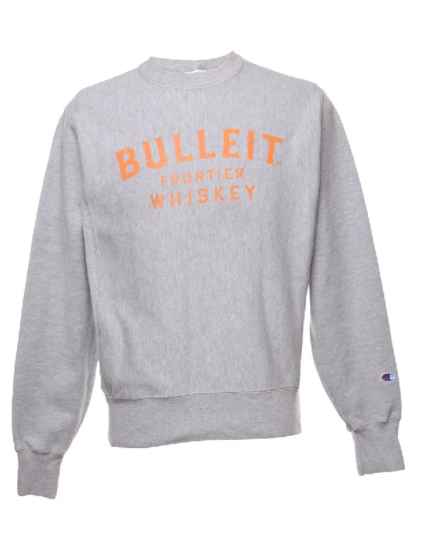 Champion Reverse Weave Printed Light Grey & Orange Sweatshirt - S Hoodie with Puffed Sleeves Voluminous Trendy