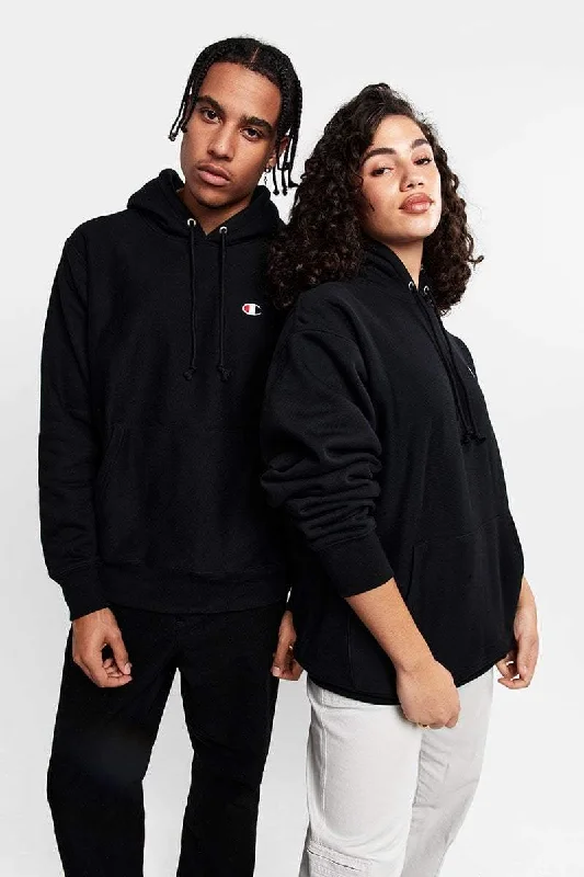 CHAMPION REVERSE WEAVE SMALL C UNISEX HOODIE - BLACK Hoodie with Elastic Cuffs Stretchable Comfortable