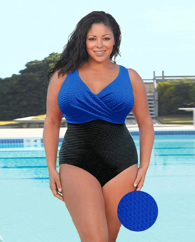 CHLORINE RESISTANT AQUAMORE COLOR BLOCK TEXTURED TWIST FRONT PLUS SIZE SWIMSUIT Full Coverage Swimsuit CHLORINE RESISTANT AQUAMORE COLOR BLOCK TEXTURED TWIST FRONT PLUS SIZE SWIMSUIT Full Coverage Swimsuit